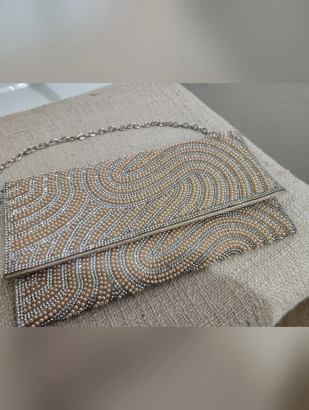 Pearl Embellished Clutch Bag in Champagne and Silver - Picture 3 of 10